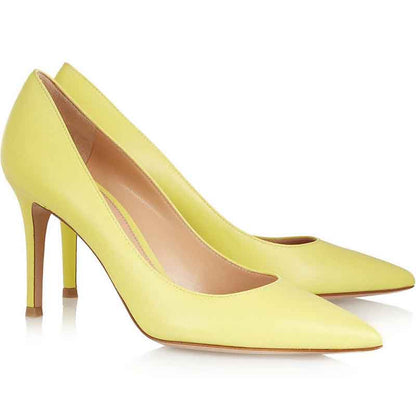 Yellow Heels Shoes for Women Closed Toe Leather Pumps