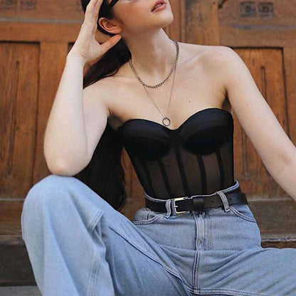 Women's Lace Longline Mesh Corset Strapless Bustier Crop Top