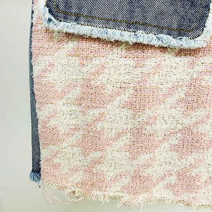 Women Luxury Denim Pink Houndstooth Tweed Jacket Coat Top + Mini Skirt 2 Piece Suit