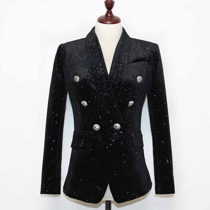 Women's Double Breasted Blazer Gold Buttons Autumn Winter Black Velvet Jacket