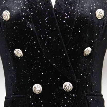 Women's Double Breasted Blazer Gold Buttons Autumn Winter Black Velvet Jacket