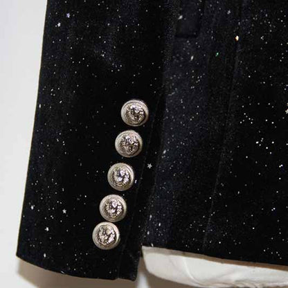 Women's Double Breasted Blazer Gold Buttons Autumn Winter Black Velvet Jacket