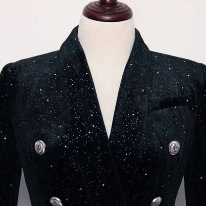 Women's Double Breasted Blazer Gold Buttons Autumn Winter Black Velvet Jacket