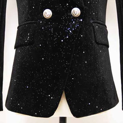 Women's Double Breasted Blazer Gold Buttons Autumn Winter Black Velvet Jacket