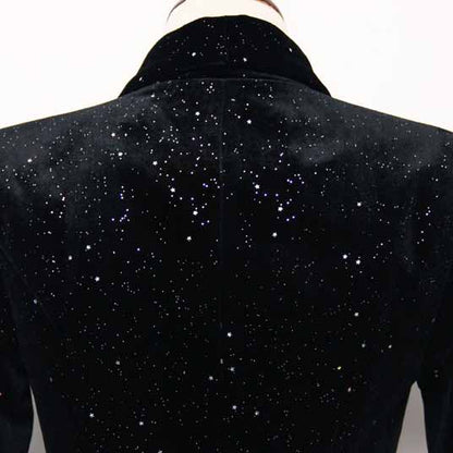 Women's Double Breasted Blazer Gold Buttons Autumn Winter Black Velvet Jacket