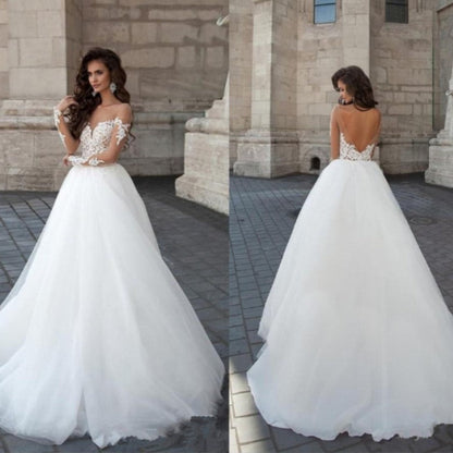 Lace Wedding Dress Sweetheart A-line Long Tulle Country Style Bridal Gowns