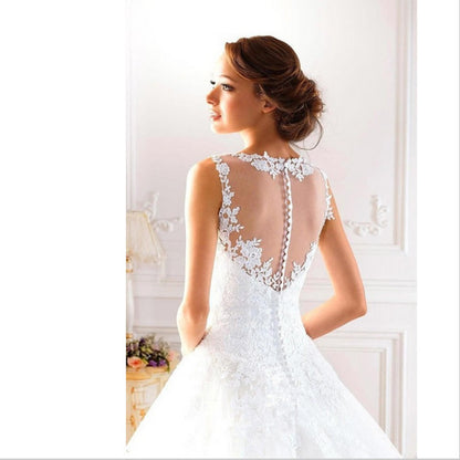 sd-hk A-Line V Neck Court Train Tulle Regular Straps Formal Plus Size Wedding Dresses with Appliques