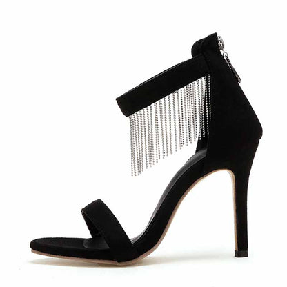 Women Strappy Strap Chain Black Suede High Heels