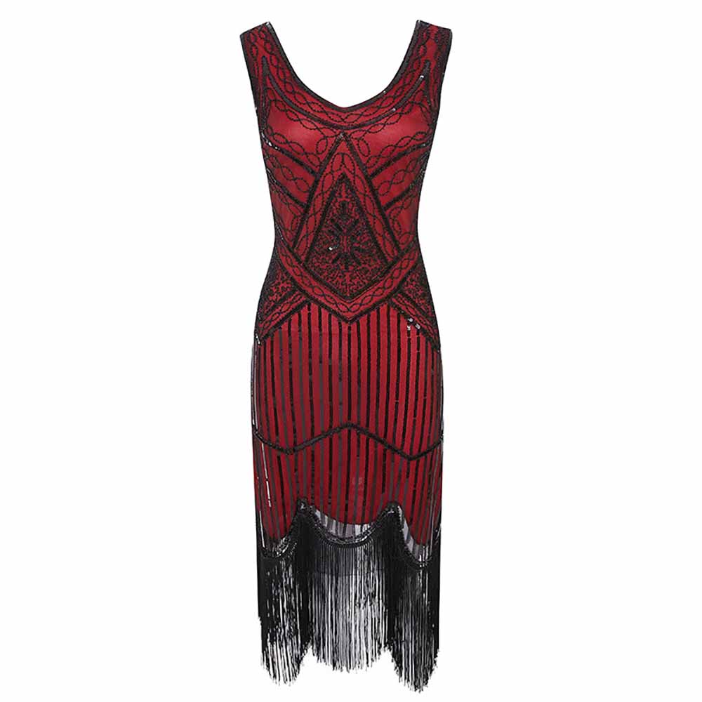 Women's Flapper Dresses 1920s V Neck Beaded Fringed Great Gatsby Dress