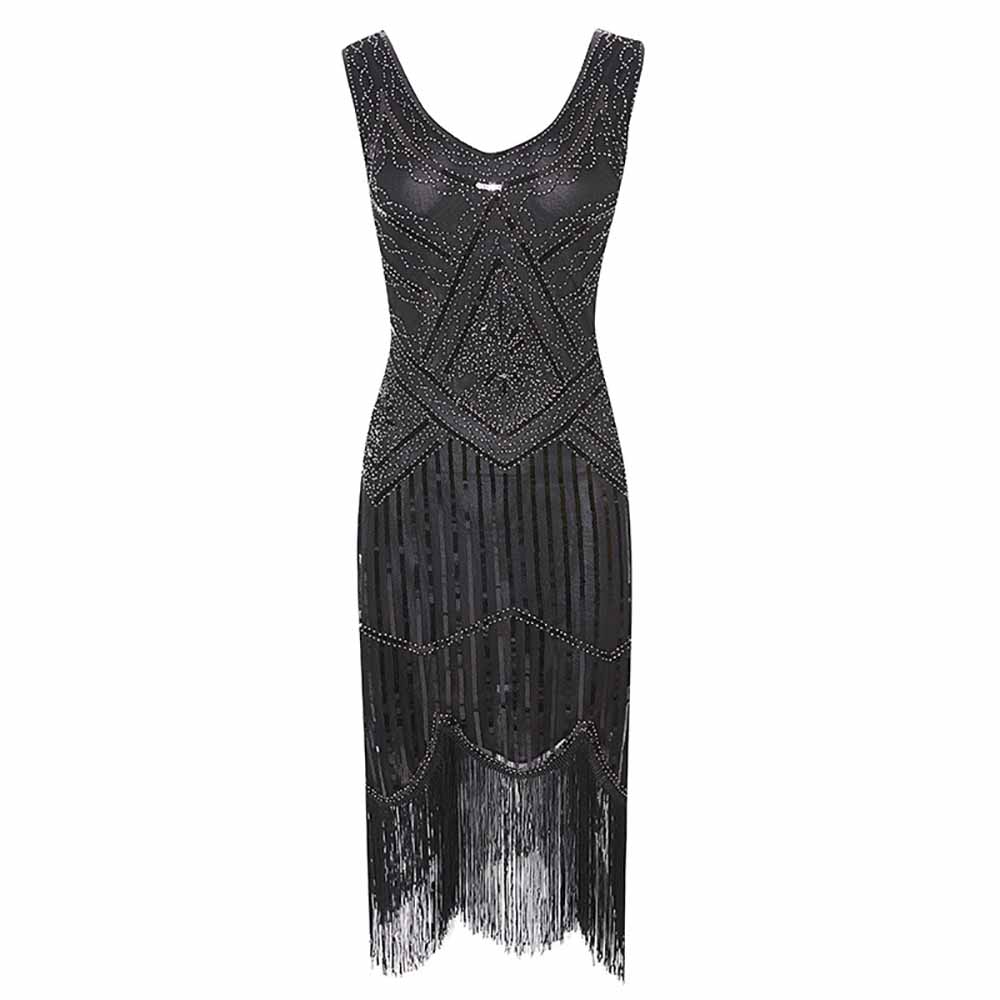 Women's Flapper Dresses 1920s V Neck Beaded Fringed Great Gatsby Dress