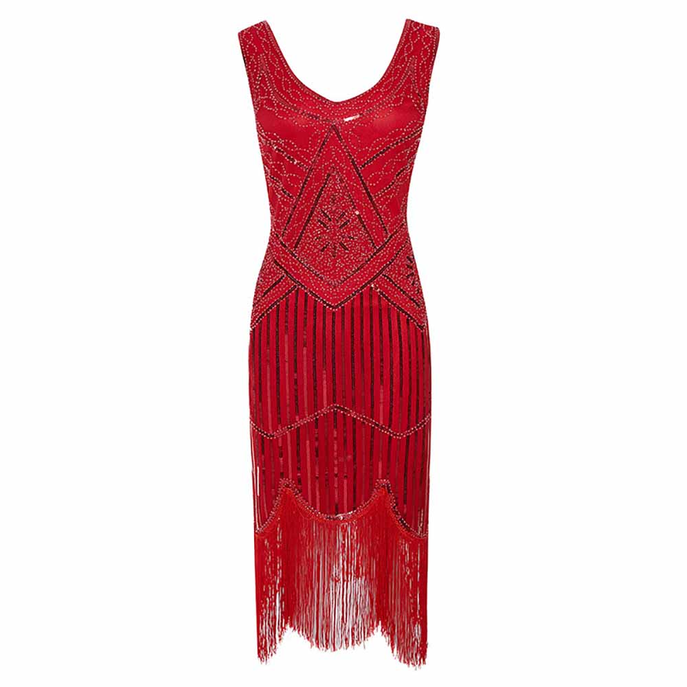 Women's Flapper Dresses 1920s V Neck Beaded Fringed Great Gatsby Dress