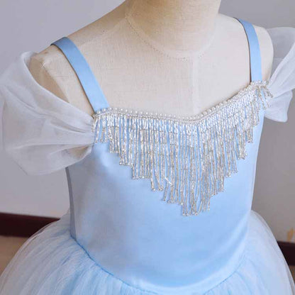Girls Tutu Prom Gowns Luxury Blue Wedding Birthday Party Princess Long Dress