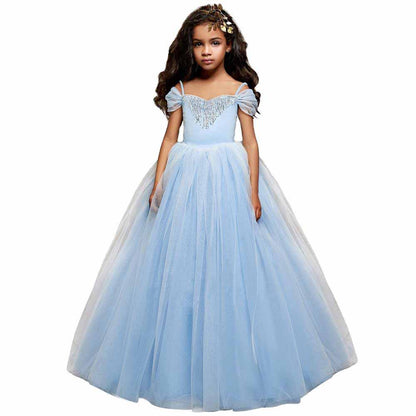 Girls Tutu Prom Gowns Luxury Blue Wedding Birthday Party Princess Long Dress