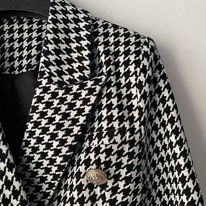 Houndstooth Slim Long-sleeved Metal Button Women's Blazer Jacket