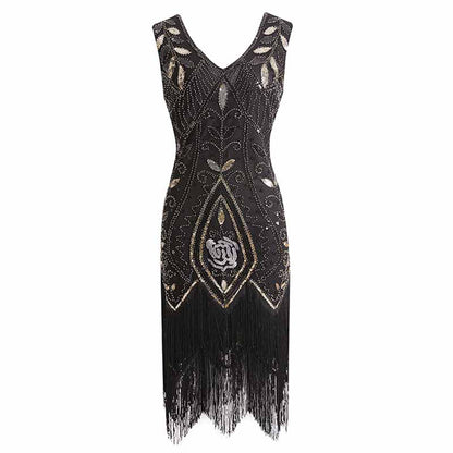 Women's Flapper Dresses 1920s V Neck Beaded Fringed Great Gatsby Dress