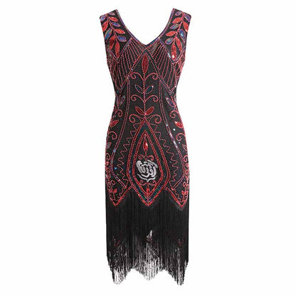 Women's Flapper Dresses 1920s V Neck Beaded Fringed Great Gatsby Dress