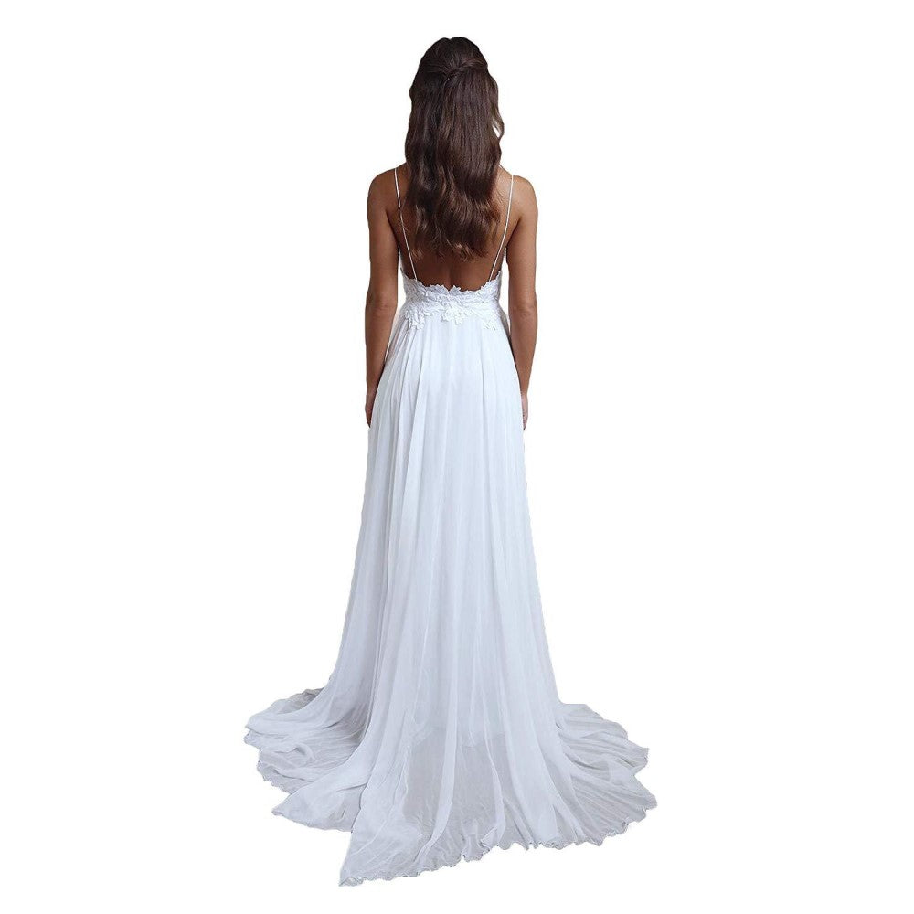 Spaghetti Straps Applique Backless Long Chiffon Beach Wedding Dress For Women