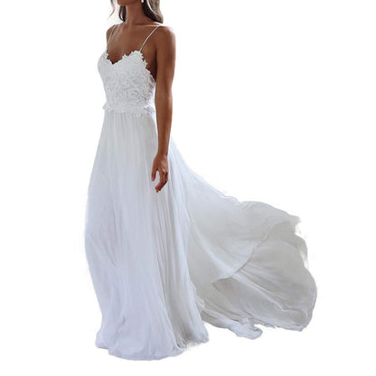 Spaghetti Straps Applique Backless Long Chiffon Beach Wedding Dress For Women