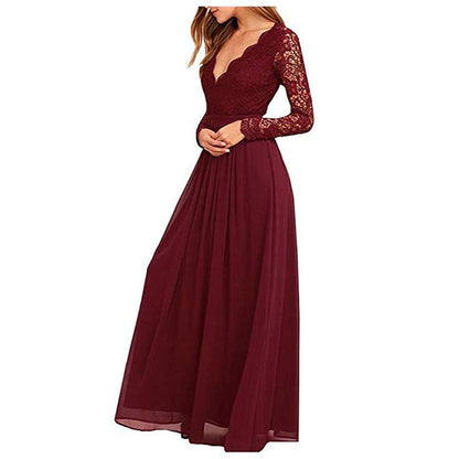 Womens Vintage Floral Lace Long Sleeve V Neck Party Long Maxi Dress