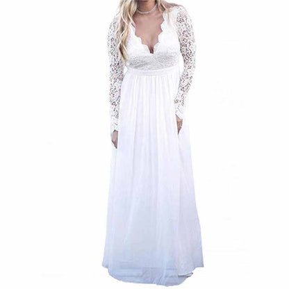 Womens Vintage Floral Lace Long Sleeve V Neck Party Long Maxi Dress