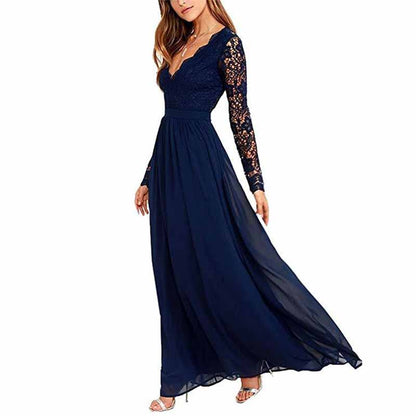 Womens Vintage Floral Lace Long Sleeve V Neck Party Long Maxi Dress