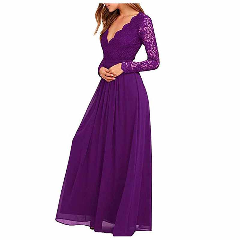 Womens Vintage Floral Lace Long Sleeve V Neck Party Long Maxi Dress