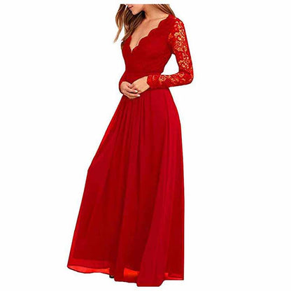 Womens Vintage Floral Lace Long Sleeve V Neck Party Long Maxi Dress