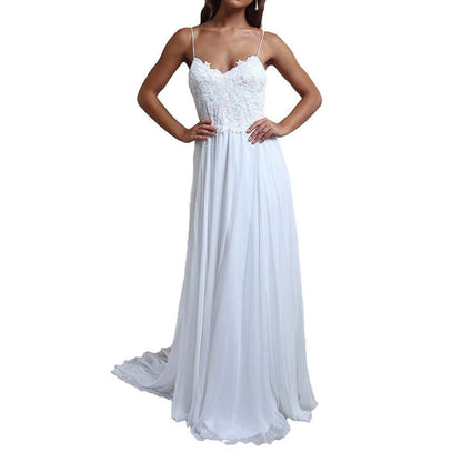 Spaghetti Straps Applique Backless Long Chiffon Beach Wedding Dress For Women