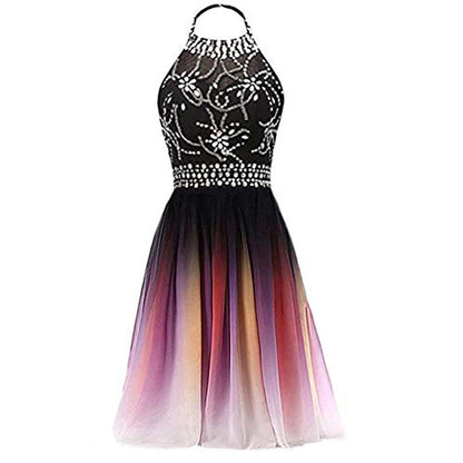 Gradient Formal Evening Gowns Beaded Ombre Chiffon Long Prom Dresses