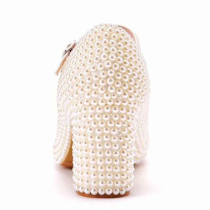 Women's Bridal Low Heel Closed Toe with Pearl Chunky Wedding Shoes