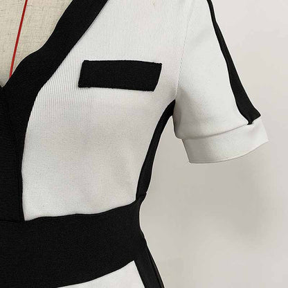 Short Sleeve V Neck Colorblock Bodycon Mini Dress