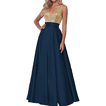 Navy blue prom dress v neck