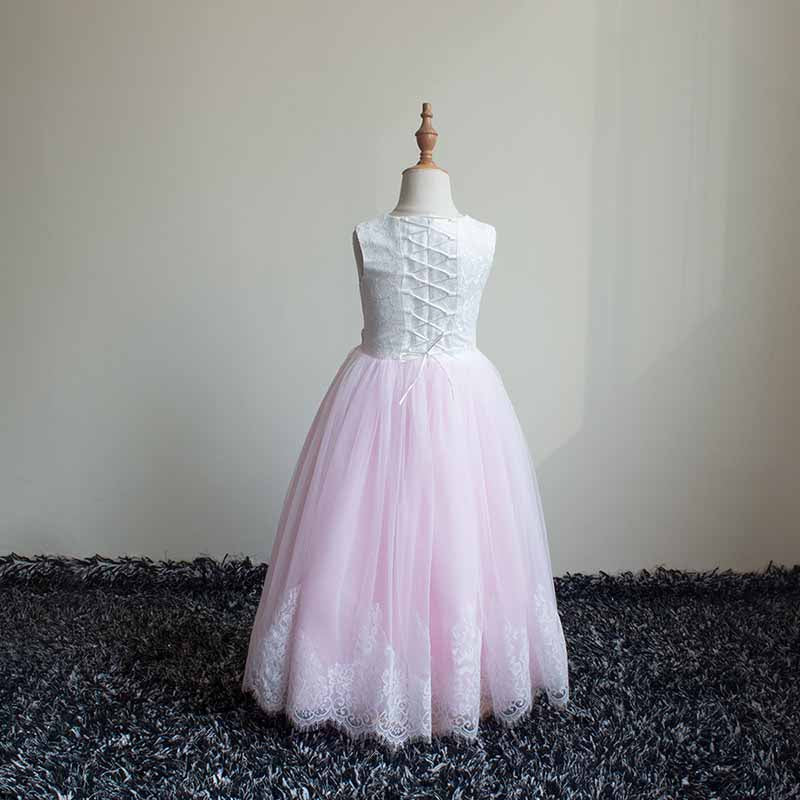 Lace Embroidery Sheer Long Sleeves Kids Trailing Gown Girls Tutu Prom Dress