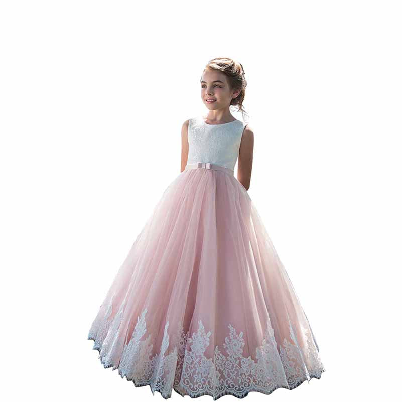 Lace Embroidery Sheer Long Sleeves Kids Trailing Gown Girls Tutu Prom Dress