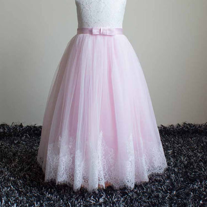 Lace Embroidery Sheer Long Sleeves Kids Trailing Gown Girls Tutu Prom Dress