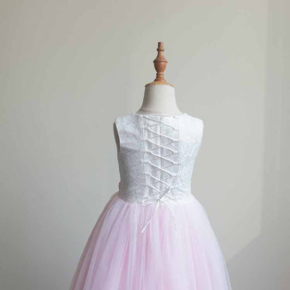 Lace Embroidery Sheer Long Sleeves Kids Trailing Gown Girls Tutu Prom Dress