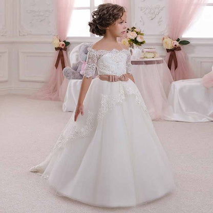 Elegant Flower Girl Lace Beading First Communion Dress 2-12 Years Old