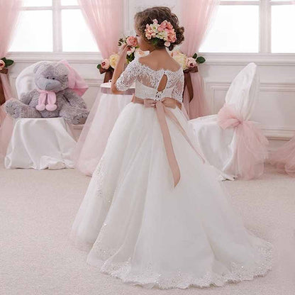 Elegant Flower Girl Lace Beading First Communion Dress 2-12 Years Old