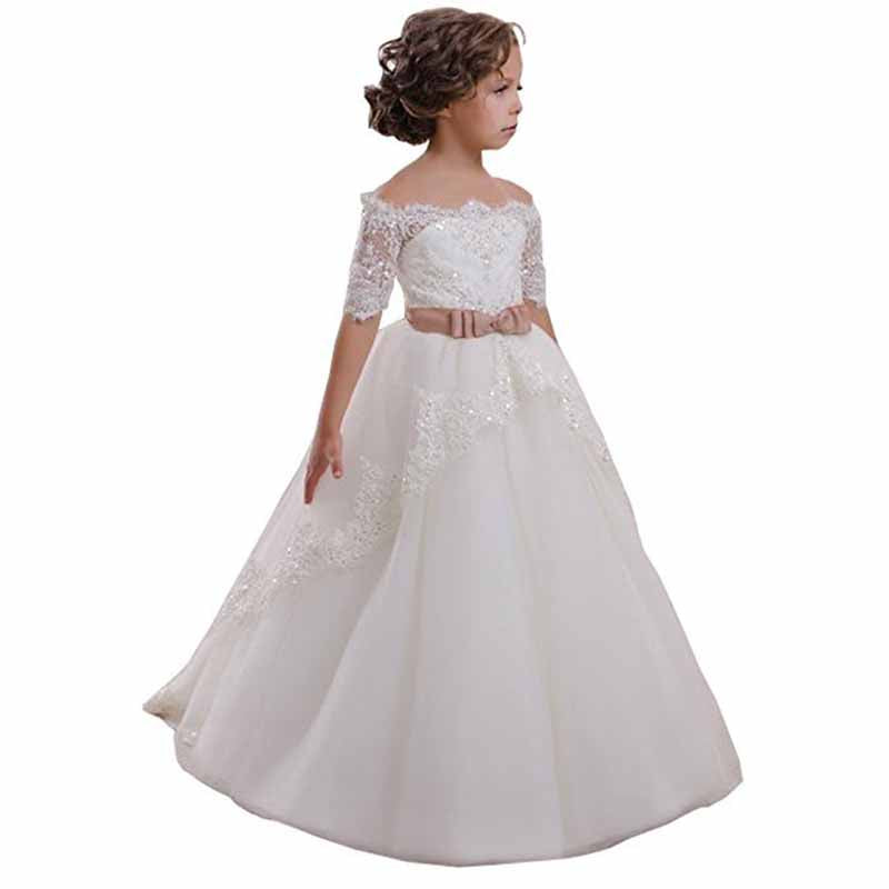 Elegant Flower Girl Lace Beading First Communion Dress 2-12 Years Old