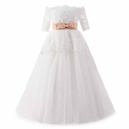 Elegant Flower Girl Lace Beading First Communion Dress 2-12 Years Old
