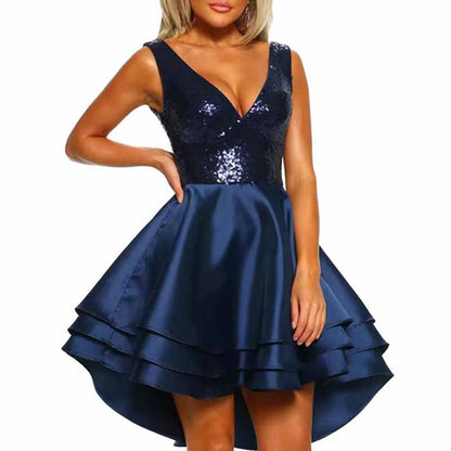 Women's Sequin Glitter V Neck Skater Mini Club Cocktail Party Swing Dress