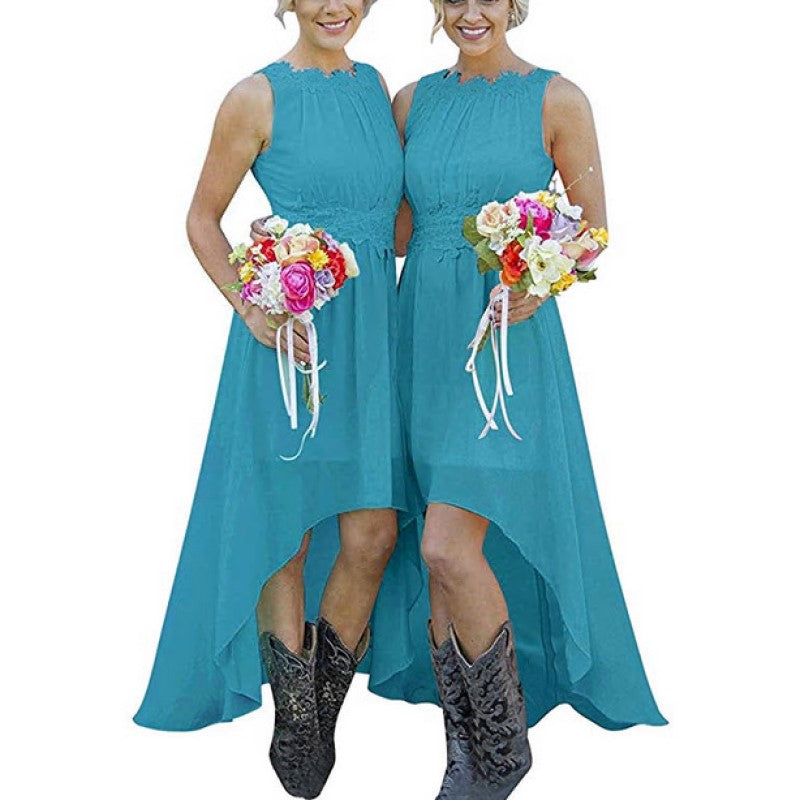 High Low Lace Chiffon Bridesmaid Dress in Blue for Country Weddings