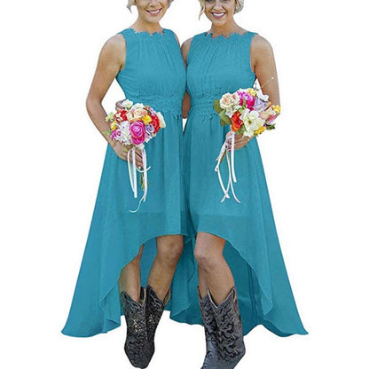 sd-hk High Low Lace Chiffon Bridesmaid Dress Blue