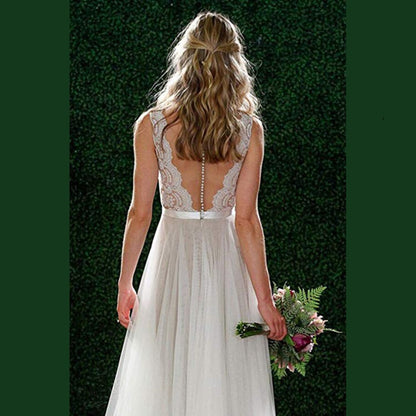 sd-hk Bride V-Neck A-line Lace Tulle Long Beach Wedding Dress for Women