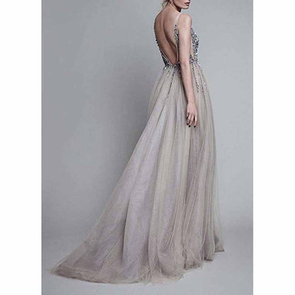 Women's Tulle Prom Dress V Neck Sequin Wedding Bridesmaid Dress