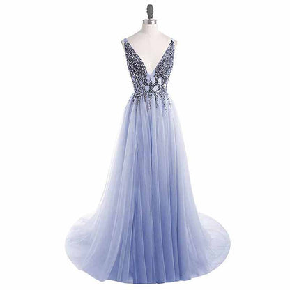 Women's Tulle Prom Dress V Neck Sequin Wedding Bridesmaid Dress