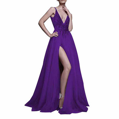 Women's Tulle Prom Dress V Neck Sequin Wedding Bridesmaid Dress