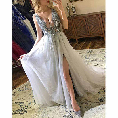 Women's Tulle Prom Dress V Neck Sequin Wedding Bridesmaid Dress