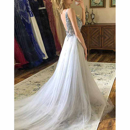 Women's Tulle Prom Dress V Neck Sequin Wedding Bridesmaid Dress