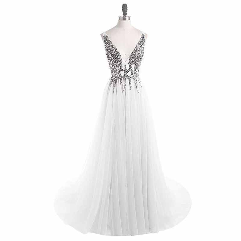 Women's Tulle Prom Dress V Neck Sequin Wedding Bridesmaid Dress